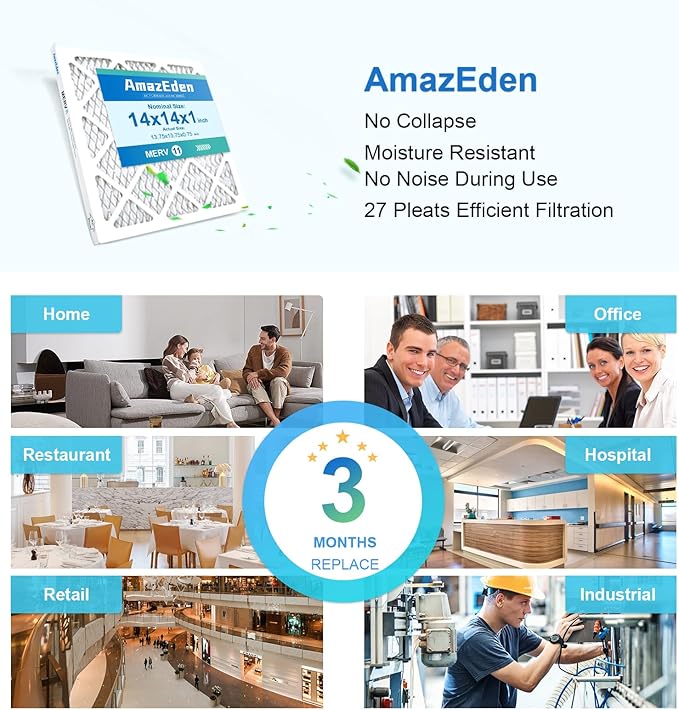 14x14x1 Air Filter MERV 11 (4-Pack) MPR 1000 FPR 7 HVAC AC Furnace Filters Pleated Dust Defense Replacement for Home (Actual Size: 13.75x13.75x0.75 Inches)