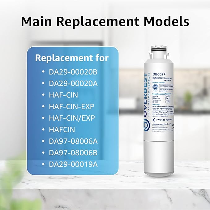 Overbest DA29-00020B Refrigerator Water Filter, Replacement for Samsung HAF-CIN, 46-9101, RF28HMEDBSR, RF4287HARS, RF263TEAESG, RH22H9010SR, 3 Filters