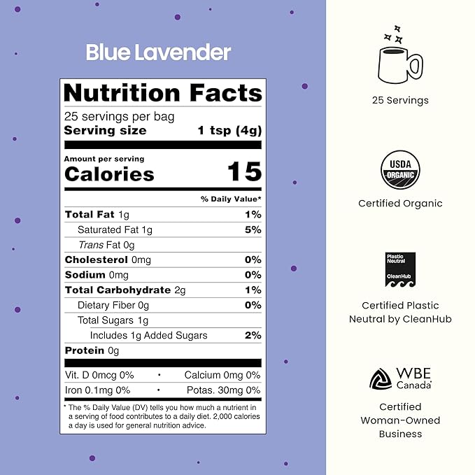 Blume Superfoods Latte - Blue Lavender Powder with Blue Spirulina and Coconut Milk, Caffeine Free, Low-Sugar, Organic, Keto Friendly, Vegan, supports sleep and calmness, Lavender Latte- 25 Servings