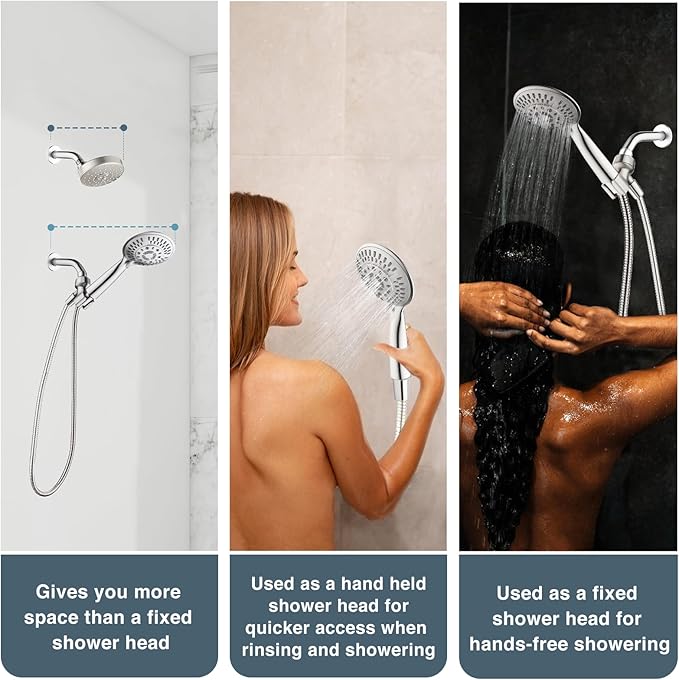 BRIGHT SHOWERS 9 Spray Settings Shower Head with Handheld High Pressure Brushed Nickel Hand Held Showerhead with 60 Inch Stainless Steel Hose and Adjustable Overhead Bracket