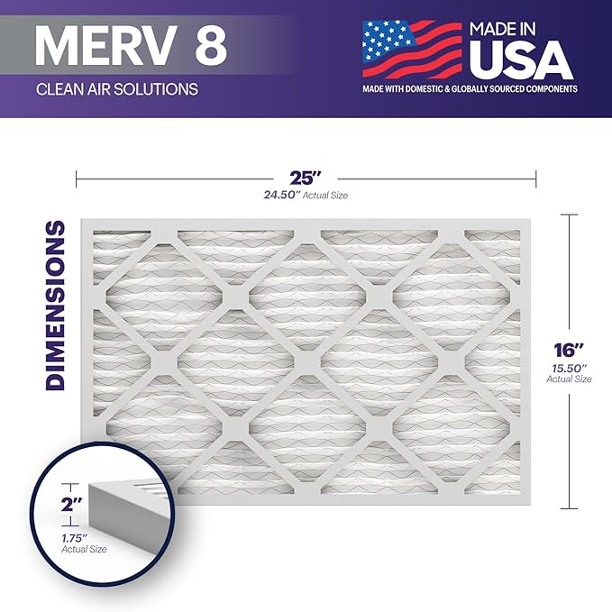 BNX TruFilter 16x25x2 Air Filter MERV 8 (4-Pack) - MADE IN USA – Dust & Pet Defense Electrostatic Pleated Air Conditioner HVAC AC Furnace Filters for Dust, Pet, Mold, Pollen MPR 600 – 700 & FPR 5