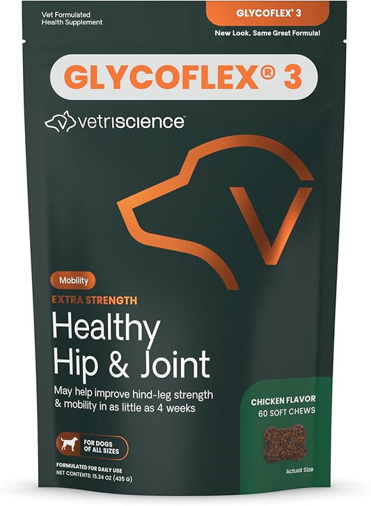 VetriScience Extra Strength Healthy Hip & Joint Chews, GlycoFlex Glucosamine and Green-Lipped Mussel Joint Support Supplement for Dogs, Promote Mobility & Soothe Joint Discomfort, Chicken, 60 Count