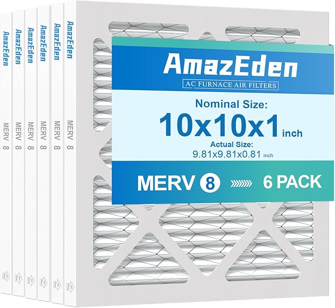 10x10x1 AC Air Filter MERV 8 (6-Pack) MPR 600 FPR 5 HVAC Furnace Pleated Filters Dust Defense Air Filters Replacement (Exact Dimensions: 9.81x9.81x0.81 Inches)