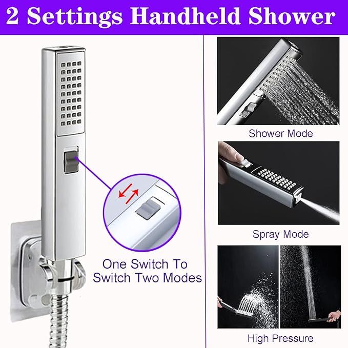 8"High Pressure Square Rain Shower Head and 2-in-1 Hand Shower.Equipped with 78"Hose, 3 Way Diverter Valve,Adhesive Shower Head Holder.(AWAXFOLO Square Shower Head Set chrome)
