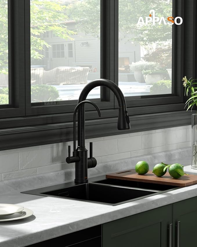 APPASO Kitchen Faucet with Water Filter, Without Water Filtration Device, Oil Rubbed Bronze 3-in-1 Kitchen Sink Faucet, High Arch 2-Handle 3-Way Kitchen Faucet with Pull-Down Sprayer