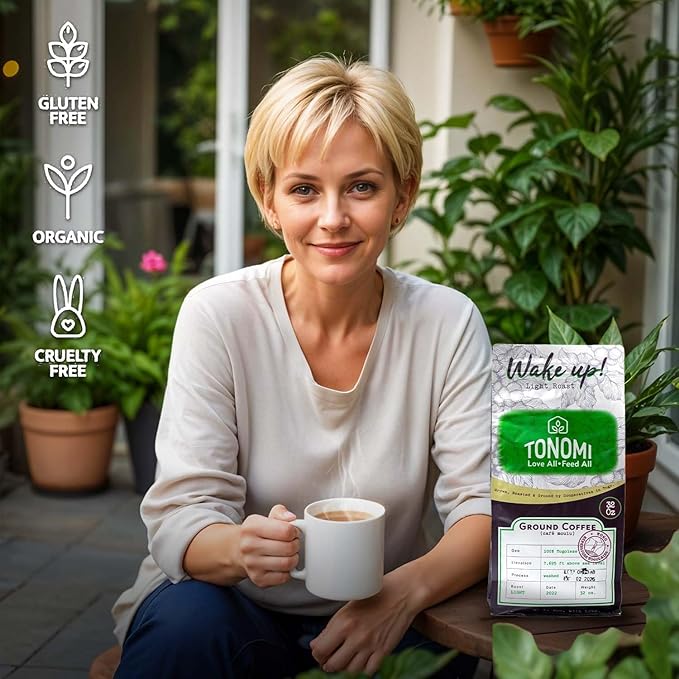 Tonomi Wake Up! Light Roast Ground Coffee - All Natural Blend with Hint of Vanilla, Chocolate & Caramel - Coarse Grounds for Cold Brew or Traditional Brewing - Caffeine Packed, 32oz