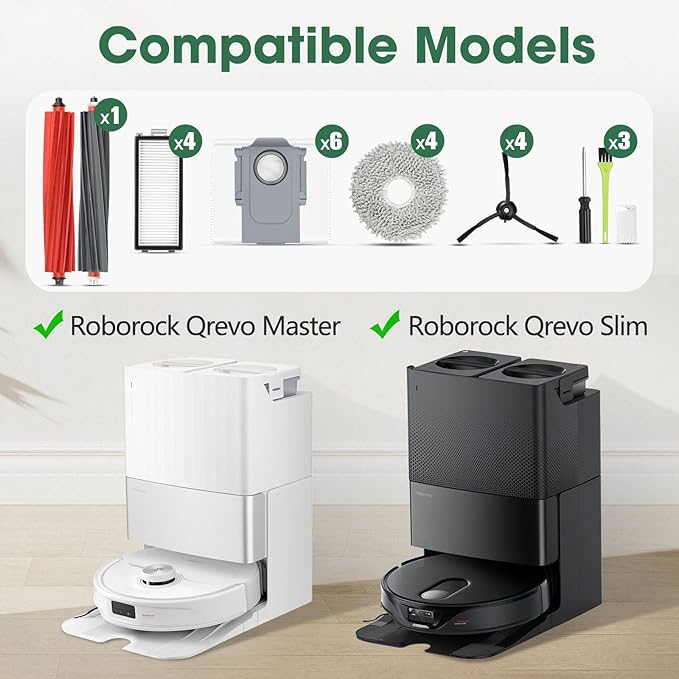 23PCS Replacement Accessories Kit Compatible with Roborock Qrevo Master/Qrevo Slim Includes Dual Main Brush, HEPA Filters, Mop Pads, Side Brushes, Dust Bags and Cleaning Tools