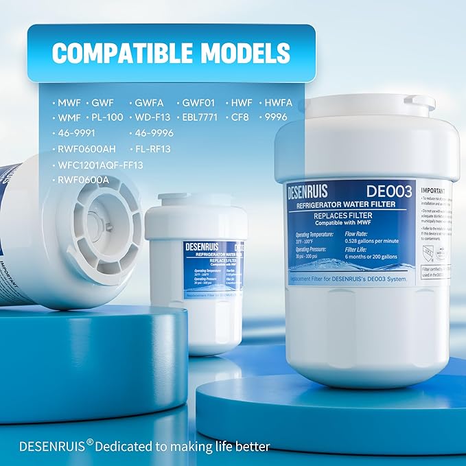 Water Filter Replacement Compatible with GE MWF, SmartWater MWFP, MWFA, GWF, HDX FMG-1, WFC1201, RWF1060, 197D6321P006, Kenmore 9991, Pack of 4, By DESENRUIS