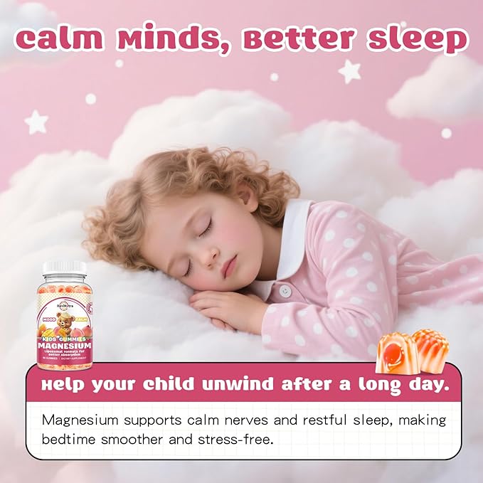 Liposomal Kids Magnesium Gummies- Magnesium Glycinate Gummies for Kids Supplement-w/Omega-3, Vitamin B6, D3- Support Calm Stress Relief, Bones, Mood, Peach & Mango Flavor, 60 Count