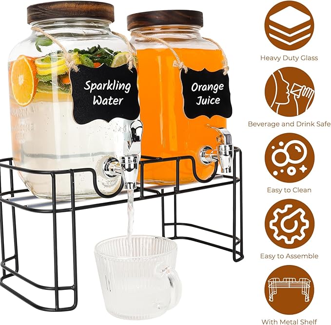 1 Gallon Glass Drink Dispensers with Wood Lid, 2 Pack Clear Beverage Dispenser with Stand and Spigot for Parties, Lemonade Dispenser with Markers and Chalkboard for BBQ, Picnic