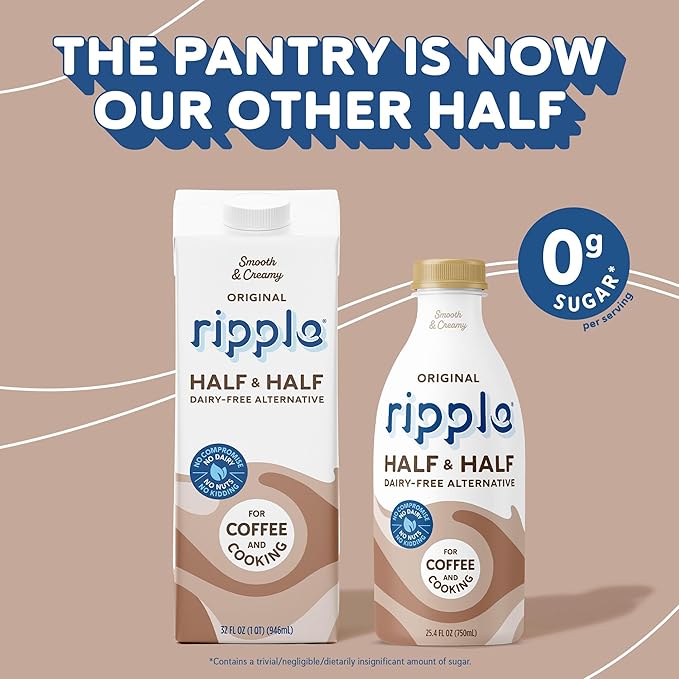 Ripple 32 oz Plant Based Milk 8g of Quality Sourced Pea Protein, Calcium Rich | Shelf Stable | Vegan & Non GMO Certified | Dairy, Soy, Nut, Gluten, & Lactose Free (Pack of 6) (32 Fl Oz (Pack of 6), Half & Half)