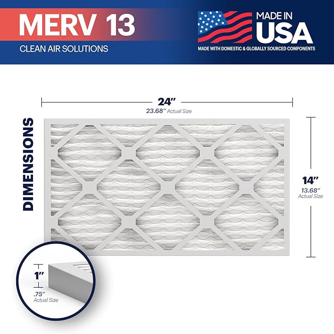 BNX TruFilter 14x24x1 Air Filter MERV 13 (12-Pack) - MADE IN USA - Electrostatic Pleated Air Conditioner HVAC AC Furnace Filters for Allergies, Pollen, Mold, Bacteria, Smoke, Allergen, MPR 1900 FPR 10