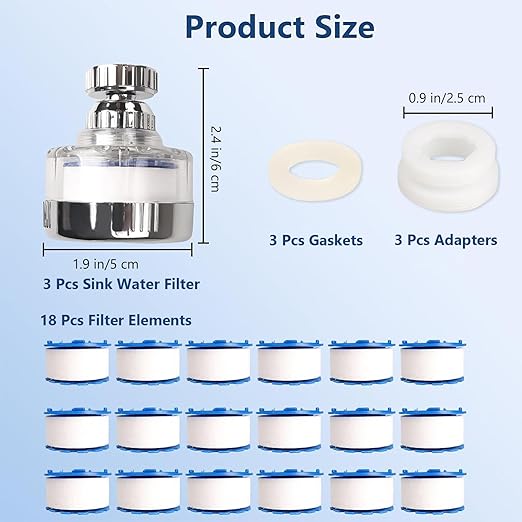 3 Pcs of Sink Water Filter and 18 Filter Elements Set, Sink Faucet Filter 360°Rotating, Bathroom Sink Filter Removes Fluoride Hard Water, Faucet Filter Faucet Extender for Home Kitchen Sink