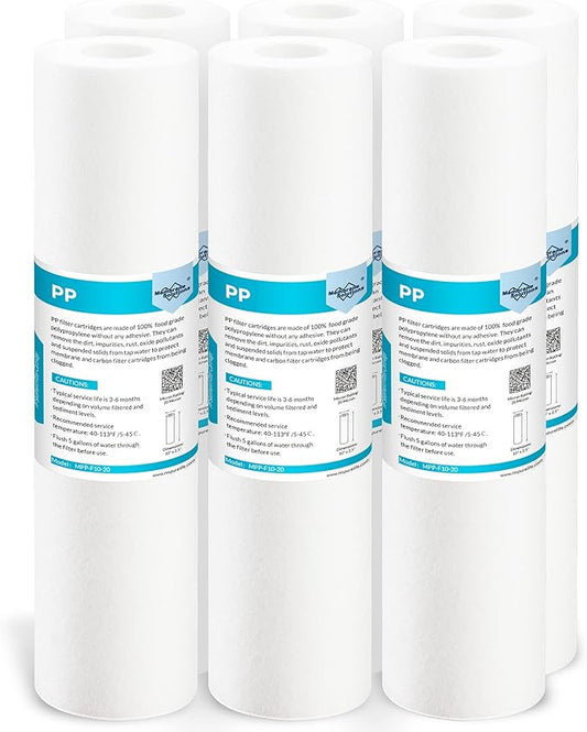 Membrane Solutions 20 Micron Sediment Water Filter Replacement Polypropylene Cartridge 10"x 2.5" for Whole House RO System, Compatible with Aqua-Pure AP110, GE FXUSC, WHKF-GD05, Culligan P5-6 Pack