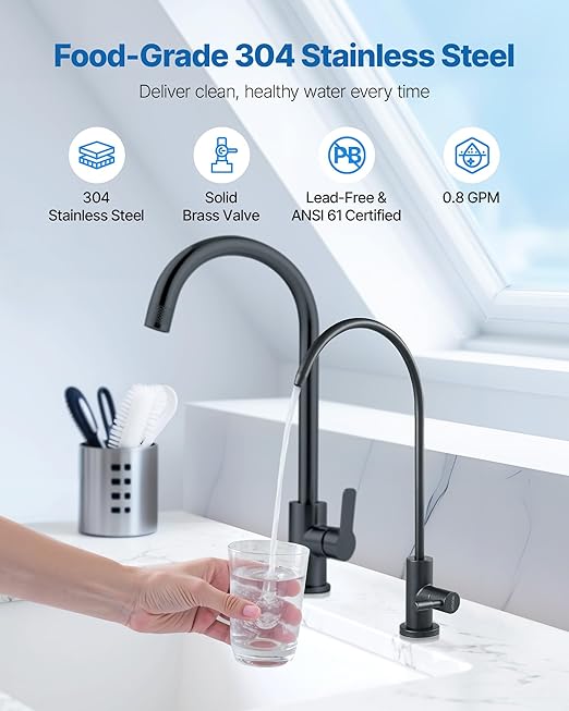 VEVOR Water Filter Faucet, RO Faucet with Lead-Free Brass Valve, 304 Stainless Steel, 0.8GPM Drinking Water Faucet Fits Most Reverse Osmosis & Filtration System, Kitchen Filtered Water Tap, Black