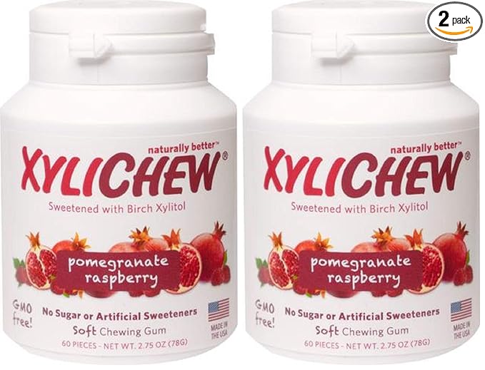 Xylichew 100% Xylitol Chewing Gum - Non GMO, Non Aspartame, Gluten Free, and Sugar Free Gum - Natural Oral Care, Relieves Bad Breath and Dry Mouth - Pomegranate Raspberry, 60 Count (Pack of 2)