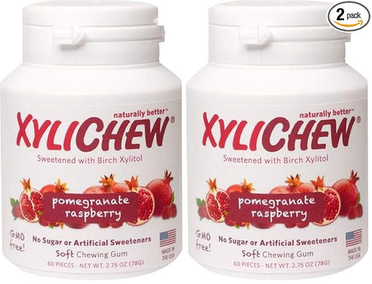 Xylichew 100% Xylitol Chewing Gum - Non GMO, Non Aspartame, Gluten Free, and Sugar Free Gum - Natural Oral Care, Relieves Bad Breath and Dry Mouth - Pomegranate Raspberry, 60 Count (Pack of 2)