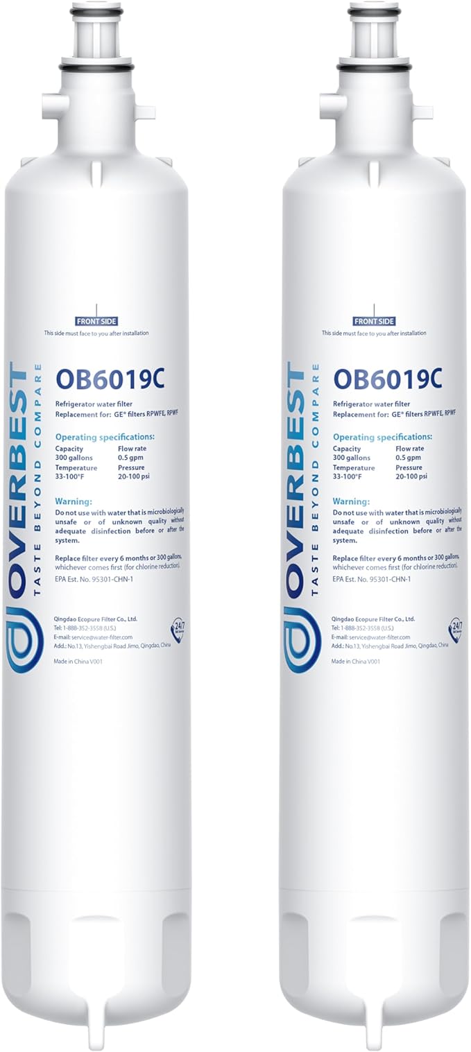Overbest Replacement for GE® RPWFE, RPWF (Built-in CHIP) Refrigerator Water Filter,Compatible with GFE28GYNFS, GFE28GELDS, 2 Filters