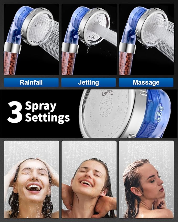 Luxsego Filtered Shower Head for Hard Water, High Pressure 3 Modes Shower Heads with Handheld Spray, Water Softener Showerhead Set with Mineral Beads to Remove Chlorine & Fluoride for Dry Hair & Skin