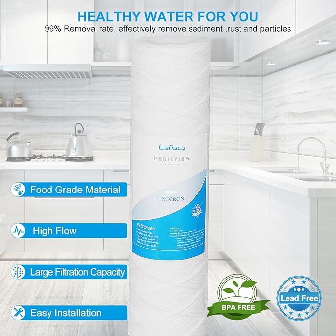 1 Micron 10" x 2.5" String Wound Sediment Water Filter Cartridge,5 Pack,Whole House Sediment Filtration, Universal Replacement for Most 10 inch RO Unit