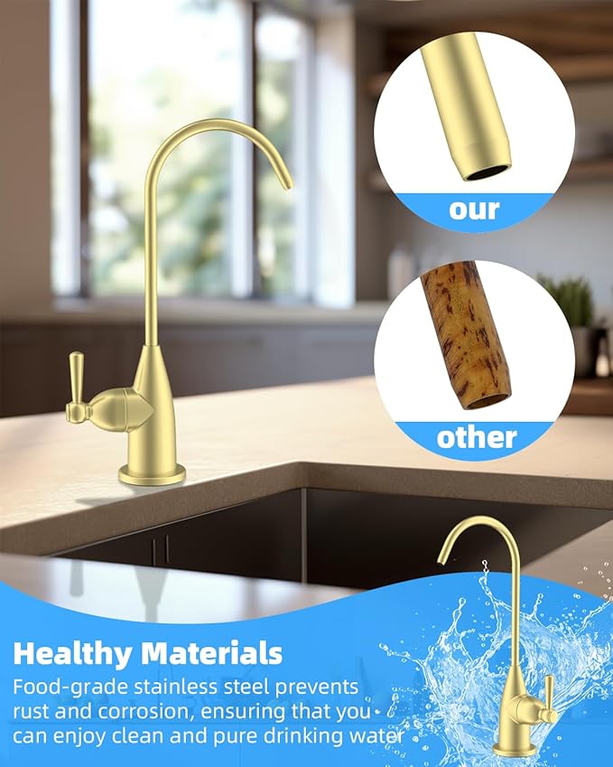 Hibbent Drinking Water Faucet for Bar and Kitchen Sink, Stainless Steel Reverse Osmosis RO Faucet for Under-Sink Filtration System, Brushed Gold Finish