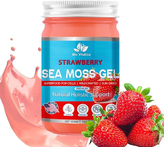 Sea Moss Gel by BioVitalica - Irish sea Moss raw Organic - Premium Quality - Dr Sebi, Vegan superfood for Cells - 100% Natural seamoss Gel (Pack of 1, Strawberry)
