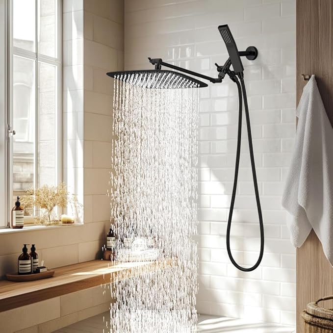 G-Promise All Metal 14 Inch Dual Square Shower Head with Handheld Spray Combo, Rain Shower Head, Adjustable Extension Arm, 3-Way Diverter, 71 Inch Extra Long Hose - A Bathroom Upgrade (Matte Black)