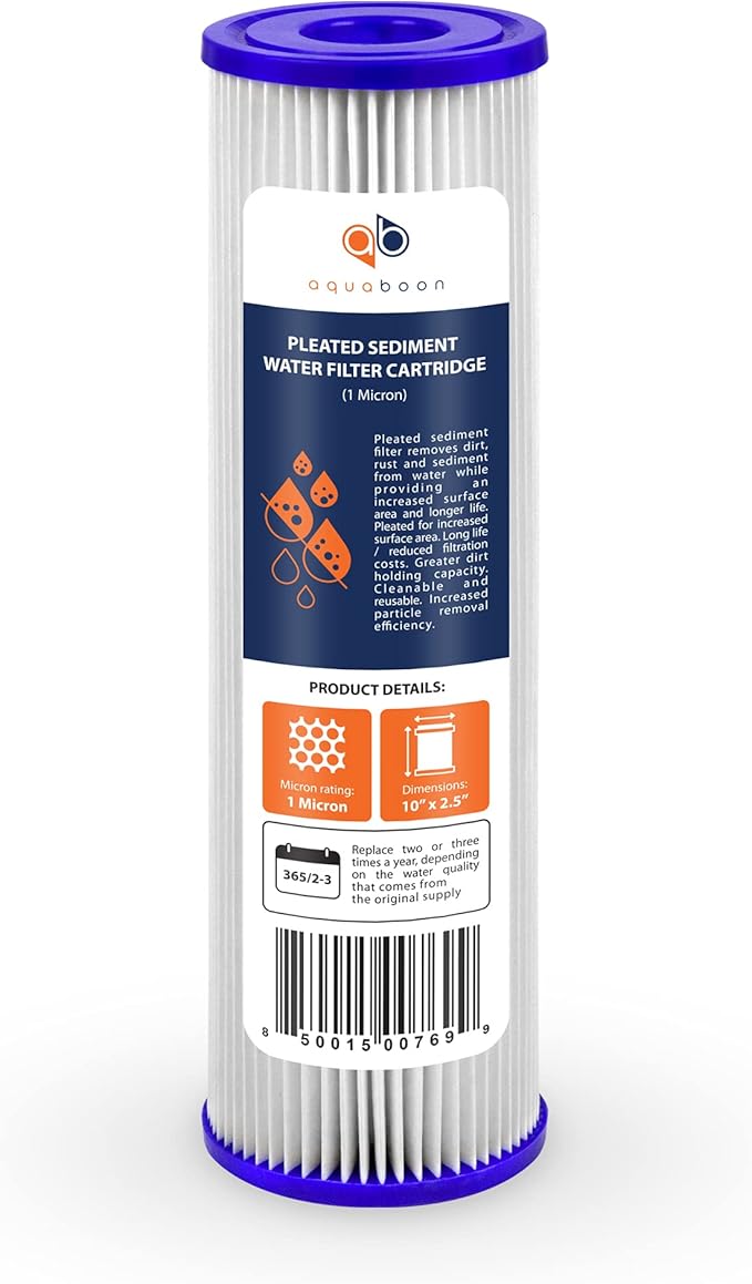 Aquaboon 1 Micron Pleated Water Filter 10 x 2.5 - Whole House Sediment Filter Replacement Cartridge Compatible with WFPFC3002, WHKF-WHPL, 25-Pack