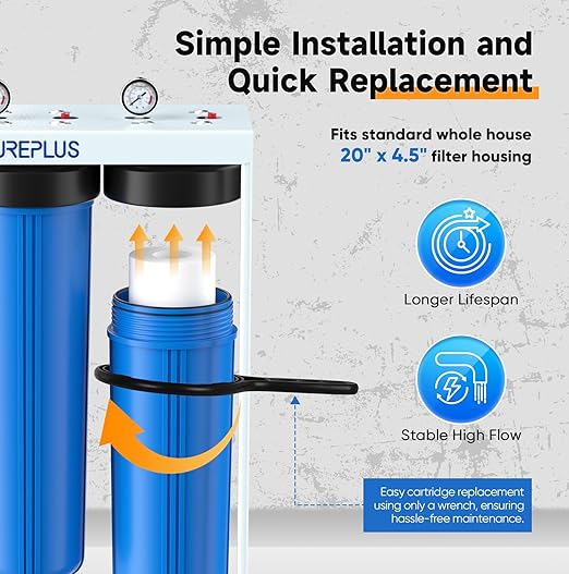 PUREPLUS 20-Inch 3-Stage Whole House Water Filter, Home Filtration System | Sediment, Granular Activated Carbon, Carbon Block Filters | Built-in Pressure Gauges, with Steel Stand Frame