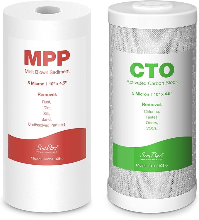 SimPure 2-Stage 10" x 4.5" Whole House Water Filter Replacement Cartridges, 5 Micron Sediment and Carbon Water Filters Combo, for GE FXHTC, GXWH40L, WGB21B, FP15B, FC15B, 2-Pack