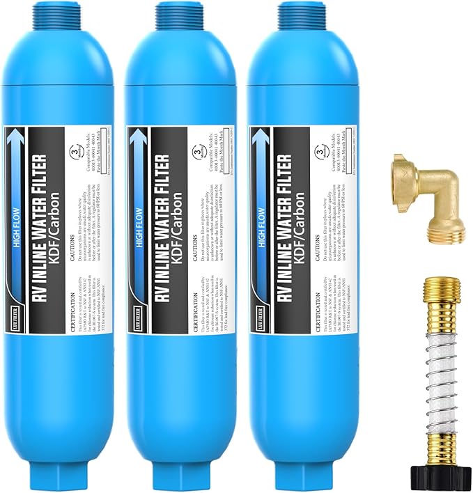 Lifefilter RV Inline Water Filter with Solid Brass 90 Degree Hose Elbow, Eliminates Stress and Strain On RV Water Intake Hose Fittings(3 Pack)