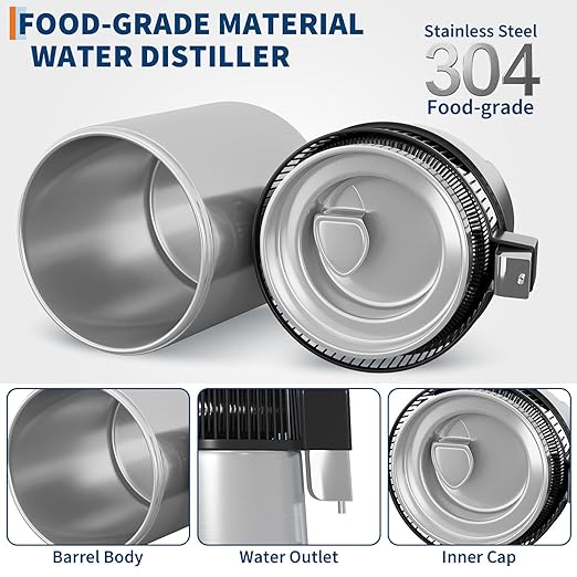 GarveeHome Water Distillers for Home Countertop, 1Gal/4L Stainless Steel Distilled Water Machine with Glass Container, 750W Desktop Drinking Purifier Filter Distilling Kit, Silver