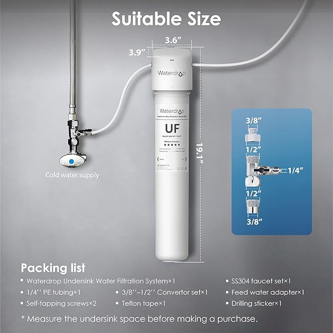 Waterdrop 17UBW-UF 0.01 μm Ultra Filtration Under Sink Water Filter System for Baçtёria Reduction, Reduces Lead, Chlorine, Bad Taste & Odor, 24K Gallons, with Dedicated Brushed Nickel Faucet, USA Tech