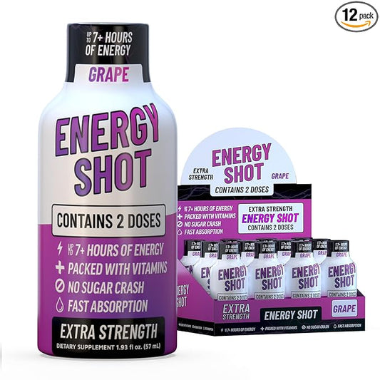 Energy Shot – 2 Servings – 100% DV B-Vitamins & 130mg Plant-Based Caffeine – Zero Calories, Sugar-Free, Vegan, Non-GMO – Energy & Productivity Support (1.93 Fl Oz (Pack of 12), Grape)