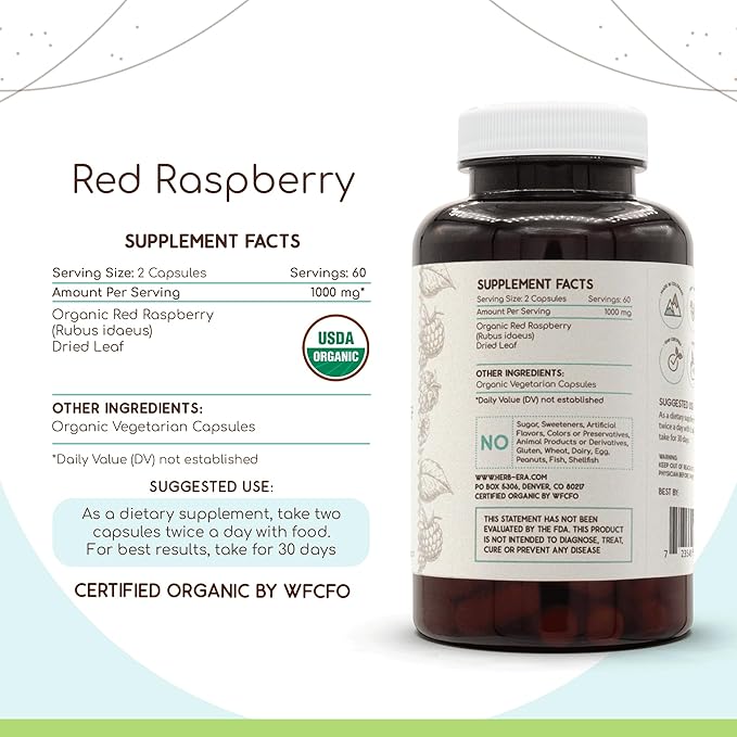 Red Raspberry USDA Organic 120 Capsules | Natural Herbal Supplement | Certified Organic Vegetarian Capsules and Organic Red Raspberry (Rubus idaeus) Dried Leaf (120 Capsules)