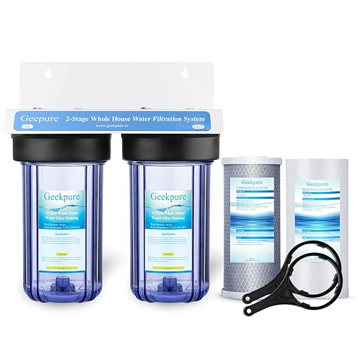 Geekpure 2 Stage Whole House Water Filter System with 10-Inch Big Clear Housing PP and Carbon Filters-1" NPT