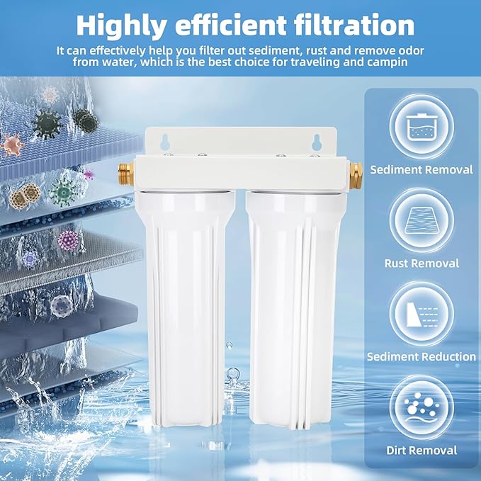 External RV Dual Water Filter System, Includes mounting bracket, two filters and two 3/4" GHT brass fittings, For reducing sediment, dirt, sand, odors and chlorine, For RVs Yachts Homes Marine