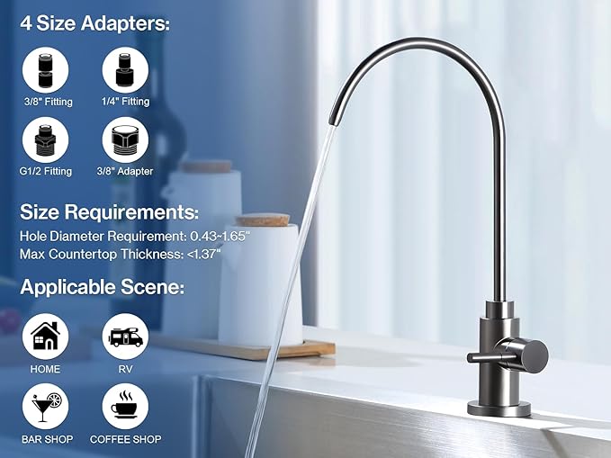 Water Filter Faucet, VMASSTONE Reverse Osmosis Faucet Fits Most RO Units or Water Filtration System in Non-Air Gap, Lead-Free Stainless Steel Drinking Water Faucet for Bar Kitchen Sink, RV (DM001 CG)