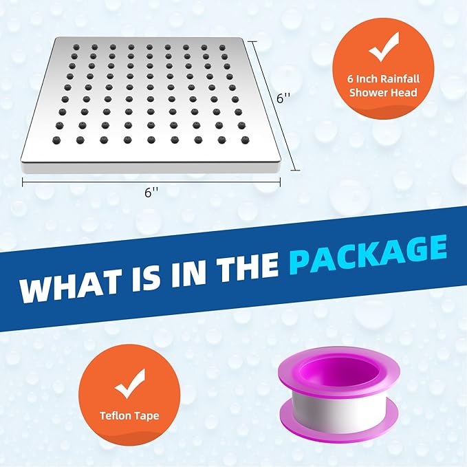 Hibbent Thickness Metal Rain Shower Head, 6 Inch High Pressure Rainfall Shower Head, Square Bathroom Waterfall Shower Heads, High Flow Fixed Showerheads with Adjustable Brass Ball Joint, Chrome