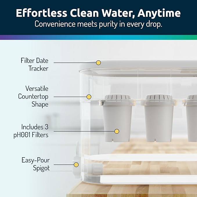 Invigorated Water - Alkaline Countertop Water Filter Dispenser, Large 52-Cup Capacity, Mineralized Alkaline Water, BPA-Free, 96 Gallons/Filter (White, 3 Filters Included)