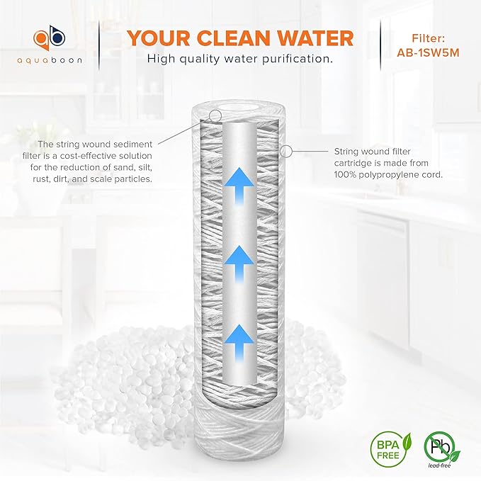 Aquaboon Whole House 5 Micron 10 x 2.5 String Wound Sediment Water Filter Cartridge Replacement Compatible with Well Water Filter WHKF-WHSW, 25-Pack