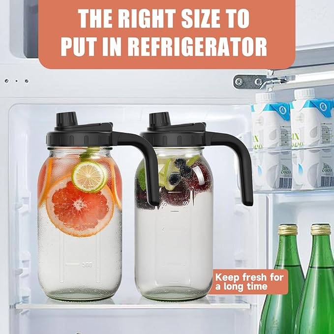 2 Pack 64oz Glass Mason Jar Pitchers with Wide Mouth & Measurement Marks – Leak-Proof Twist Lids for Cold Brew, Iced Tea, Juice, Lemonade