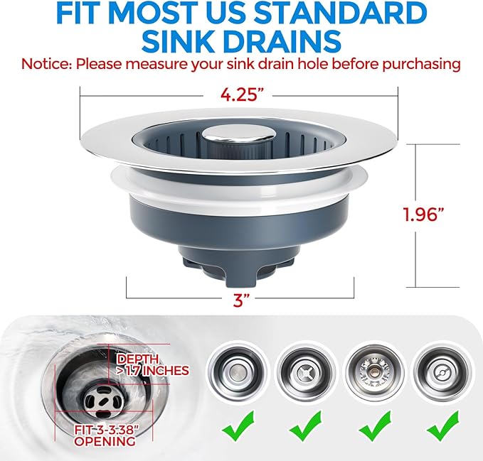 zaa 2 Pack 3 in1 Kitchen Sink Drain Strainer & Sink Stopper, Pop Up Stainless Steel Kitchen Drain Plug & Cover with Anti-Clogging Basket Strainer, Fit US Standard 3-1/2'' Drain Hole