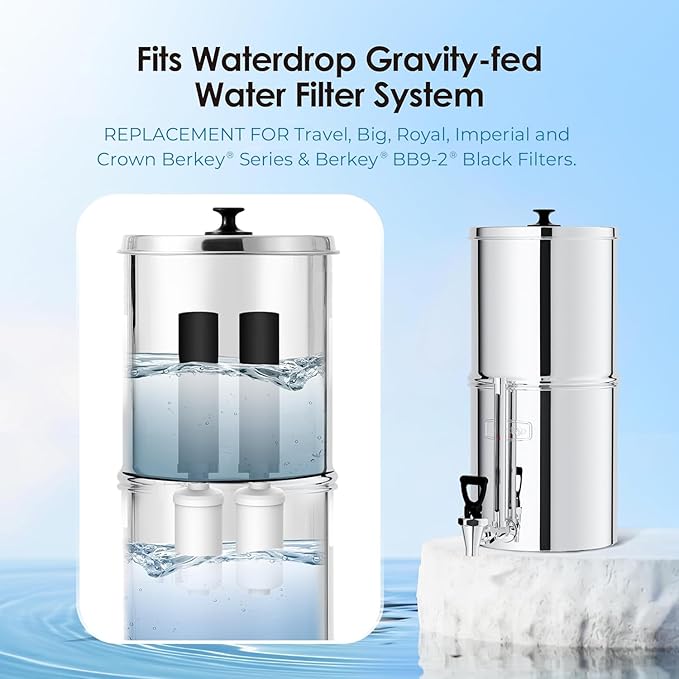 Waterdrop NSF/ANSI 42&372 Standard Gravity Water Filter, Replacement for Berkey® BB9-2® Black Filters & PF-2® Fluoride Filters, Berkey® Gravity Water Filter System and Waterdrop King Tank Series