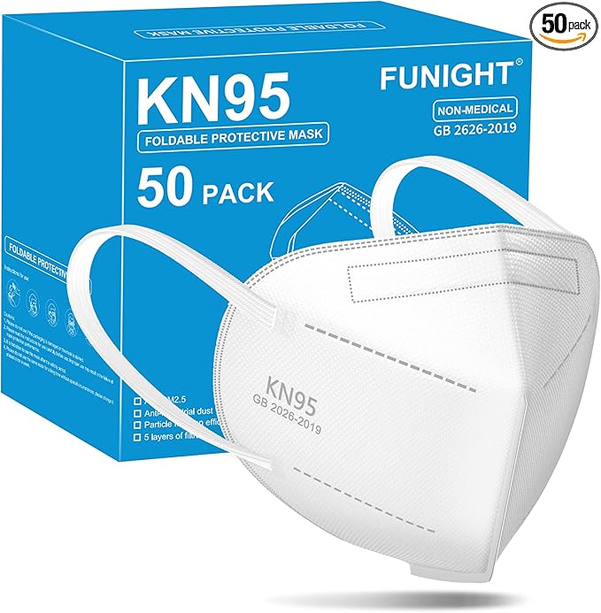 Funight KN95 Face Mask 5-Ply Breathable Filter Efficiency≥95% Protective Cup Dust Disposable Masks Against PM2.5 White 50 Pack