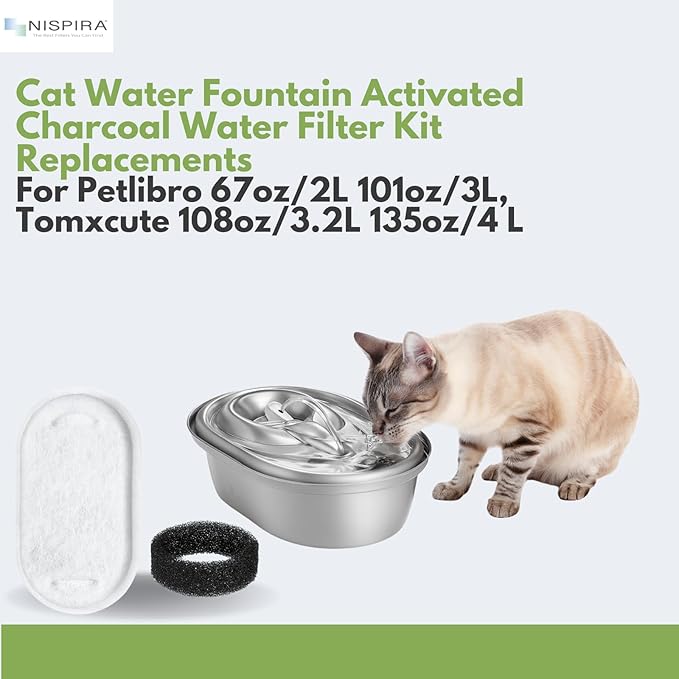 NISPIRA PLWF003 PLWF006 Stainless Steel Cat Water Fountain Activated Charcoal Water Filter Kit Replacements with Spongies For Petlibro 67oz/2L 101oz/3L, Tomxcute 108oz/3.2L 135oz/4 L Pet, 24 Pack