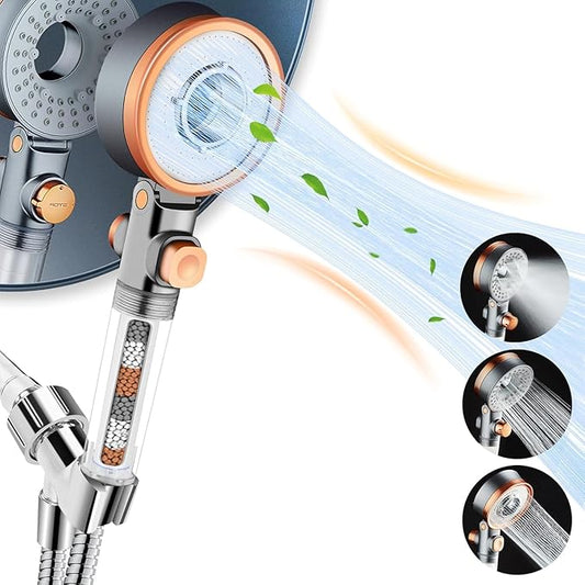 Filtered Shower Head with Handheld Spray for Skin and Hair Care, High Pressure 3 Modes Turbo Showerhead with Filters for Hard Water, 59" On Leaks Shower Hose, ON/OFF Button, Adjustable Flow