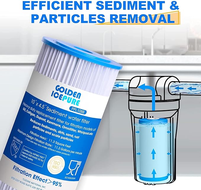 GOLDEN ICEPURE PPL10BB, 5 Micron 10" x 4.5" Whole House Sediment Pleated Water Filter, Compatible with DuPont WFHDC3001, GE FXHSC, Culligan R50-BBSA, R50-BB, W50PEHD, GXWH40L, CP5-BBS 2-PACK