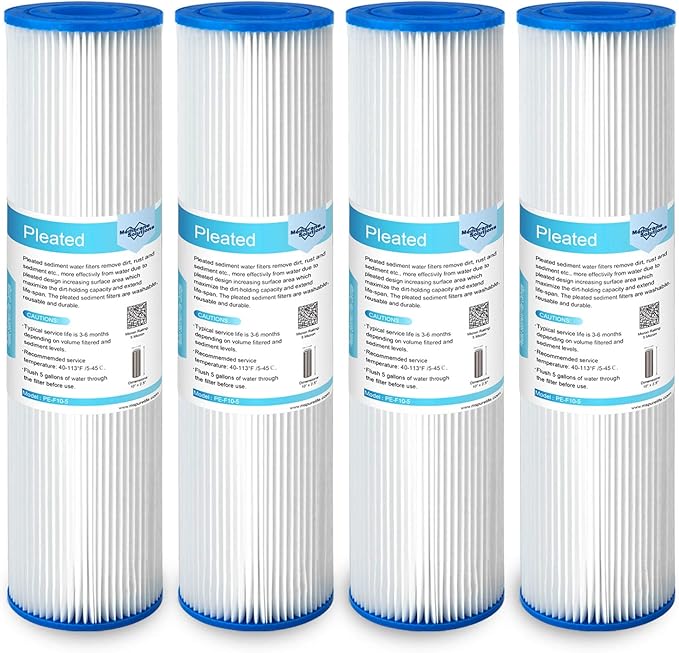 Membrane Solutions 5 Micron Pleated Polyester Sediment Water Filter 10"x2.5" Replacement Cartridge Universal Whole House Pre-Filter Compatible with W50PE, WFPFC3002, SPC-25-1050, FM-50-975 - 4 Pack