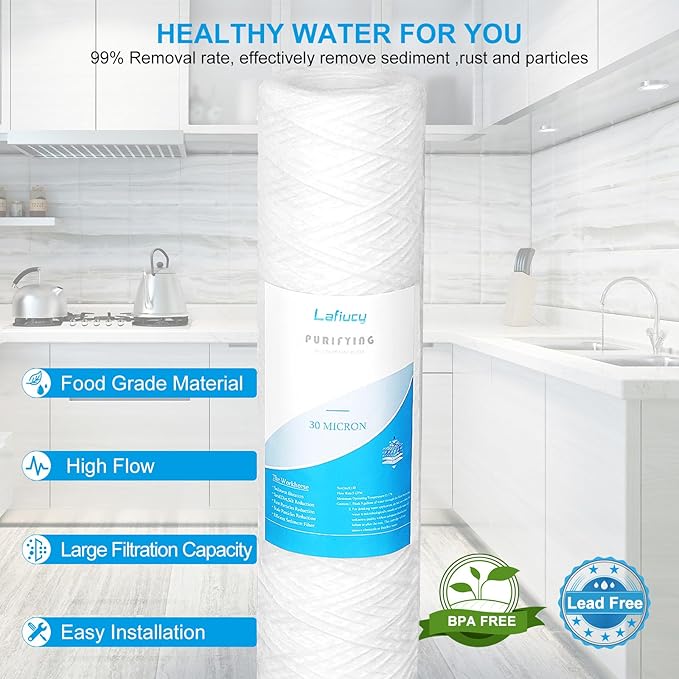 30 Micron 10" x 2.5" String Wound Sediment Water Filter Cartridge,5 Pack,Whole House Sediment Filtration, Universal Replacement for Most 10 inch RO Unit